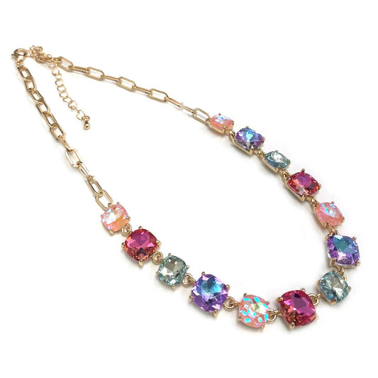 Cushion Cut Square Glass Crystal Linked Chain Necklace