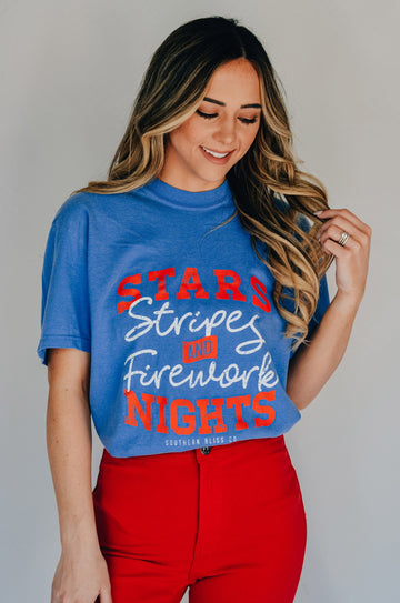 Stars Stripes & Firework Nights Periwinkle Tee