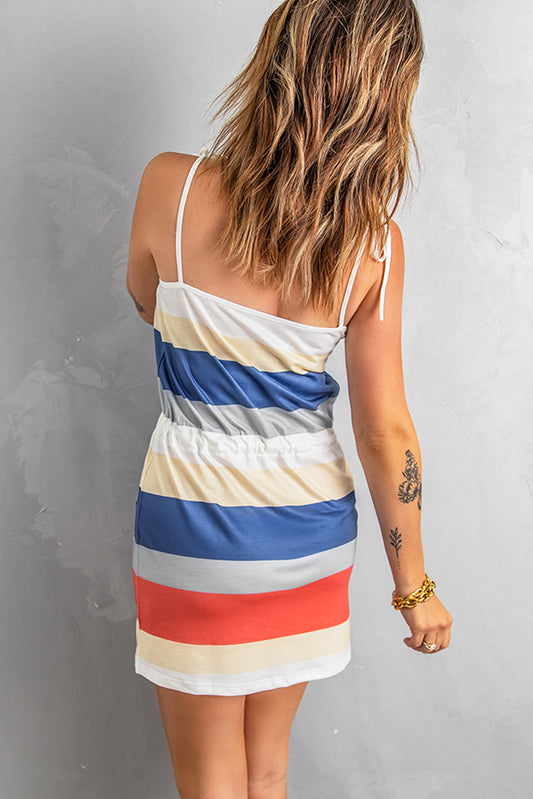 Striped Drawstring Waist Tie-Shoulder Mini Dress